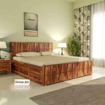 Divine Arts Sheesham Wood Triangle King Size Bed with Box Storage for Bedroom Solid Wood King Box Bed