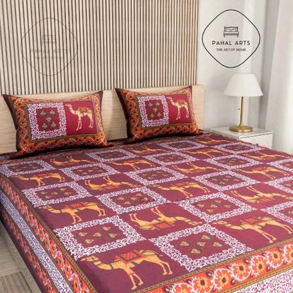 PahalArts 144 TC Cotton Queen Jaipuri Prints Flat Bedsheet