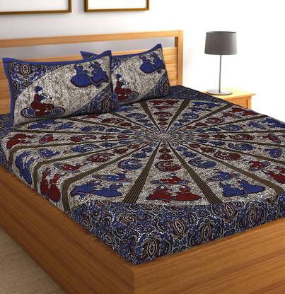 KKS Collections 200 TC Cotton Double, Queen, King Jaipuri Prints Flat Bedsheet