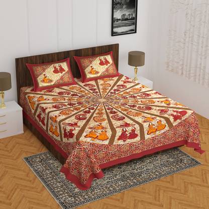 Pik Oops 144 TC Cotton Double Jaipuri Prints Flat Bedsheet