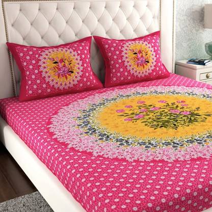 Leo Creation Cotton Double Flat 144 TC Jaipuri Prints Bedsheet  (Pack of 1, Yellow, Pale, Pink, Light Pink, Green, Light Green, Grey, Light Grey)