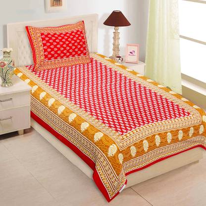 BharatLinen 240 TC Cotton Single Jaipuri Prints Flat Bedsheet