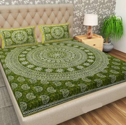BharatLinen 144 TC Cotton King Jaipuri Prints Flat Bedsheet