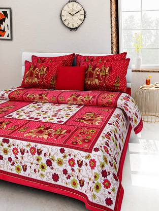 DORAYA 300 TC Cotton Double Jaipuri Prints Flat Bedsheet