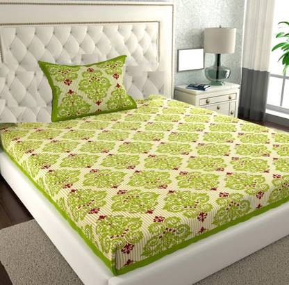 BharatLinen 144 TC Cotton Single Jaipuri Prints Flat Bedsheet