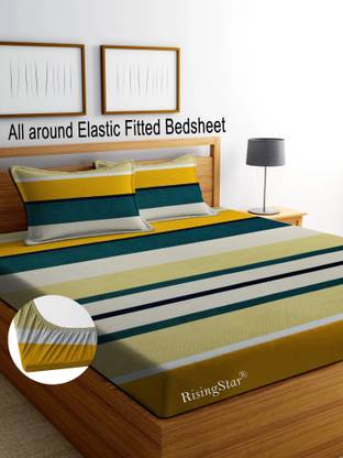 RisingStar Cotton King Fitted (Elastic) 250 TC Striped Bedsheet