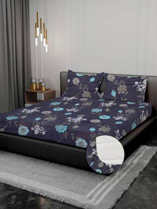 KURRY HOME FURNISHING Cotton Super King Fitted (Elastic) 250 TC Printed Bedsheet