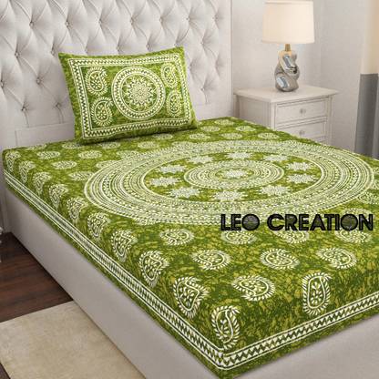 Leo Creation Cotton Single Flat 144 TC Jaipuri Prints Bedsheet