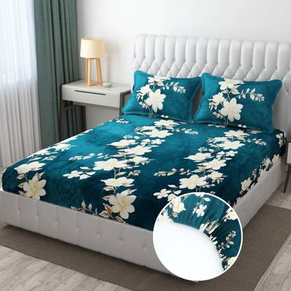 INDHOME LIFE Fleece King Fitted (Elastic) 210 TC Floral Bedsheet