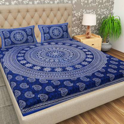 BharatLinen 144 TC Cotton King Jaipuri Prints Flat Bedsheet