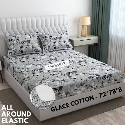 SHOPHOX Cotton Double Fitted (Elastic) 170 TC Floral Bedsheet