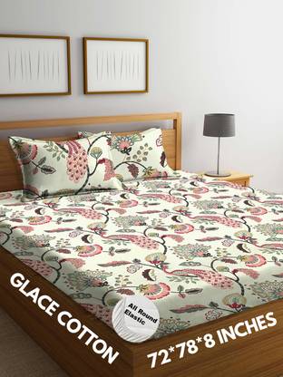 SHOPHOX 210 TC Cotton Double, King Printed Fitted (Elastic) Bedsheet (Pack of 1, Cream)