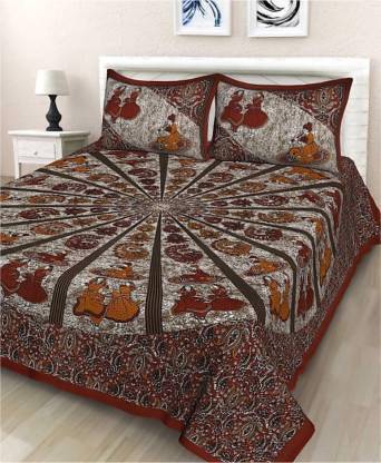 tripati sanganeri prints 144 TC Cotton Double Jaipuri Prints Flat Bedsheet