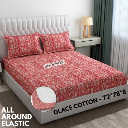 SHOPHOX 210 TC Cotton Double, King Printed Fitted (Elastic) Bedsheet