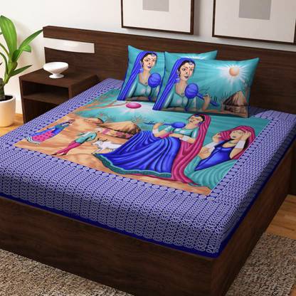 AAYU TRADER Cotton Double Flat 180 TC Jaipuri Prints Bedsheet