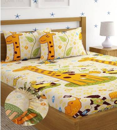 Fashancy Cotton Double Fitted (Elastic) 260 TC Cartoon Bedsheet