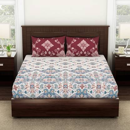 SPACES 144 TC Cotton King Printed Fitted (Elastic) Bedsheet
