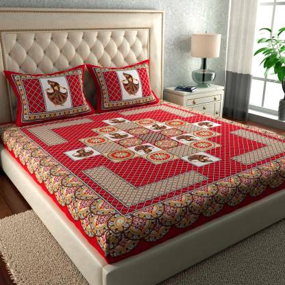 BharatLinen 144 TC Cotton Double Jaipuri Prints Flat Bedsheet