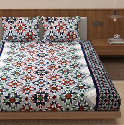 BEDORISM Cotton King Fitted (Elastic) 180 TC Printed Bedsheet