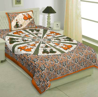 BharatLinen 144 TC Cotton Single Jaipuri Prints Flat Bedsheet