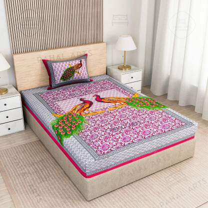 PahalArts Cotton Single Flat 144 TC Jaipuri Prints Bedsheet  (Pack of 1, Pink, Light Pink, Yellow, Green)