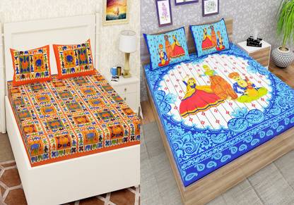 AKS Fashion Hub 150 TC Cotton Queen Jaipuri Prints Flat Bedsheet