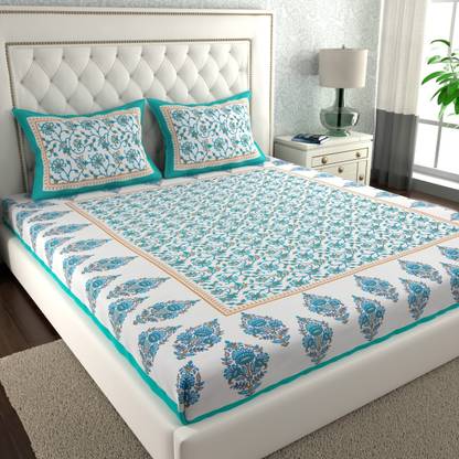 Jeevat 144 TC Cotton Double Jaipuri Prints Flat Bedsheet