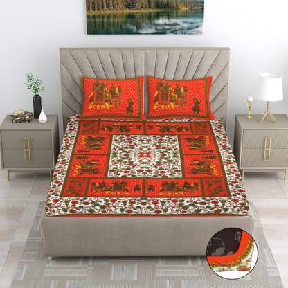Flipkart SmartBuy Cotton Double Fitted (Elastic) 104 TC Jaipuri Prints Bedsheet