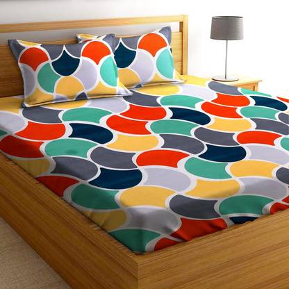 Madras handloom Cotton Double Fitted (Elastic) 150 TC Geometric Bedsheet