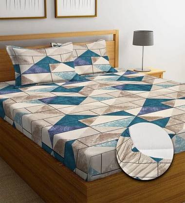 SHOMES Cotton King, Double Fitted (Elastic) 250 TC Printed Bedsheet