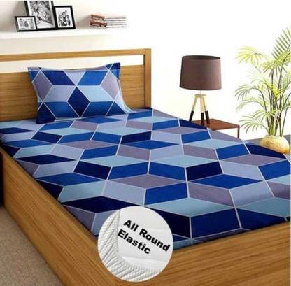 TRUE PAISA 200 TC Cotton Single 3D Printed Fitted (Elastic) Bedsheet