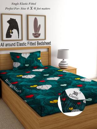 RisingStar 250 TC Cotton Single Printed Fitted (Elastic) Bedsheet