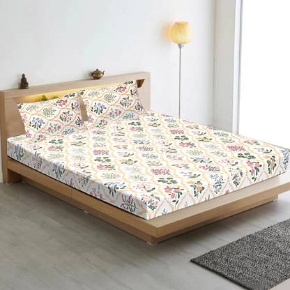 INDHOME LIFE 210 TC Cotton Double Floral Fitted (Elastic) Bedsheet