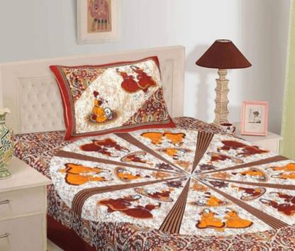 SOFTHUB Cotton Single Flat 144 TC Jaipuri Prints Bedsheet