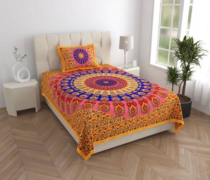 Mandakini 144 TC Cotton Single Jaipuri Prints Flat Bedsheet