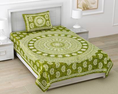 BharatLinen 144 TC Cotton Single Jaipuri Prints Flat Bedsheet