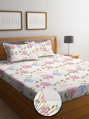 YUTERA 250 TC Cotton Double Floral Fitted (Elastic) Bedsheet