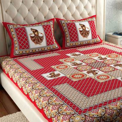 Leo Creation Cotton Double Flat 144 TC Jaipuri Prints Bedsheet