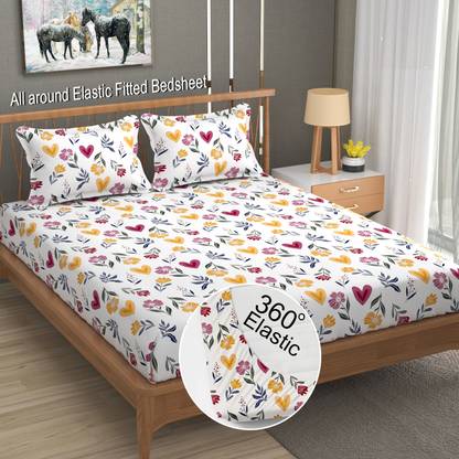 LA VERNE 144 TC Cotton Double Jaipuri Prints Fitted (Elastic) Bedsheet