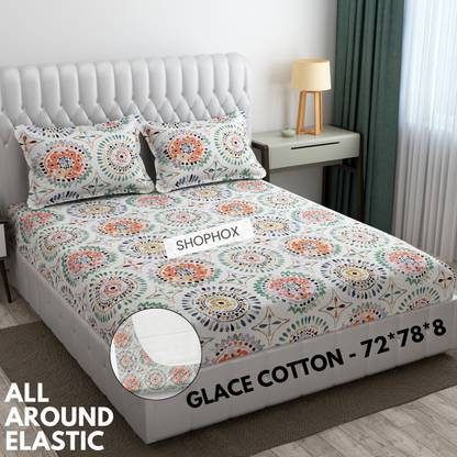 SHOPHOX Cotton Double, King Fitted (Elastic) 210 TC Printed Bedsheet