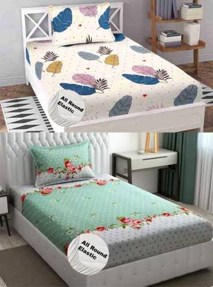 Nt@ub 210 TC Cotton Single Printed Fitted (Elastic) Bedsheet