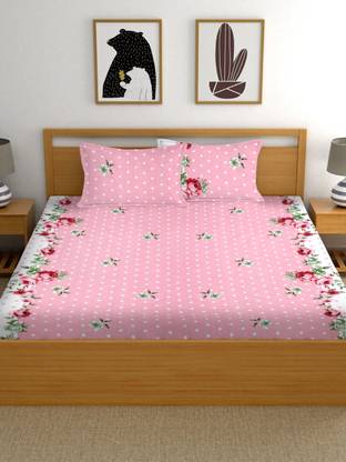 HOMETIC Cotton Double Fitted (Elastic) 320 TC Floral Bedsheet