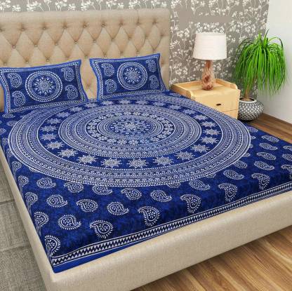 BharatLinen Cotton King Flat 144 TC Jaipuri Prints Bedsheet