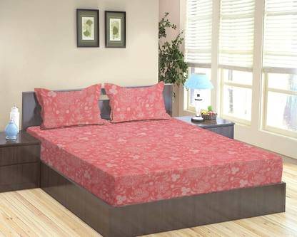 VAS COLLECTIONS 220 TC Cotton Double Floral Flat Bedsheet (Pack of 1, Light-Pink:White)