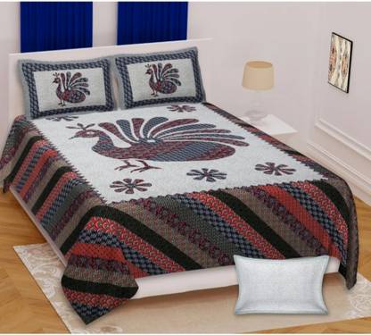KAANY FAB 220 TC Cotton King Jaipuri Prints Flat Bedsheet