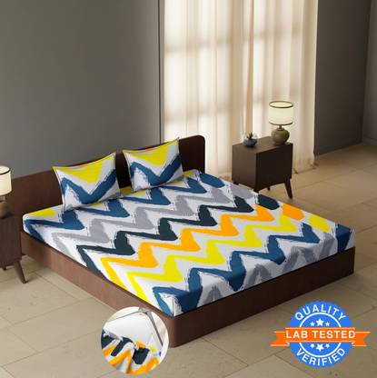 CARLTON LONDON Polyester Double Fitted (Elastic) 144 TC Striped Bedsheet