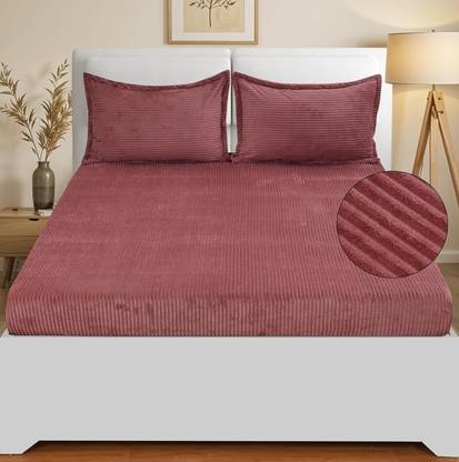 vjk fab Fleece King Fitted (Elastic) 280 TC Striped Bedsheet