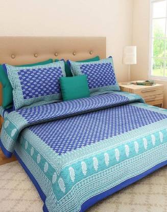 Monik Handicrafts 140 TC Cotton Double Jaipuri Prints Flat Bedsheet