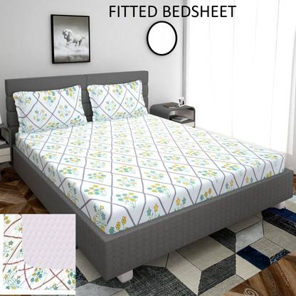 BM Traders 200 TC Cotton King Floral Fitted (Elastic) Bedsheet