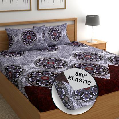 CG Homes Cotton Double Fitted (Elastic) 180 TC Printed Bedsheet